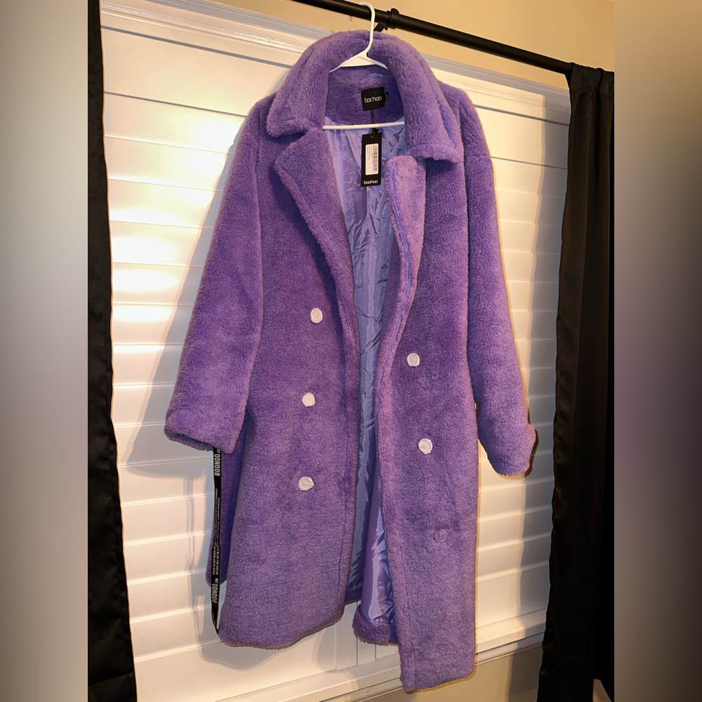 Boohoo Purple Faux Fur Belted Coat